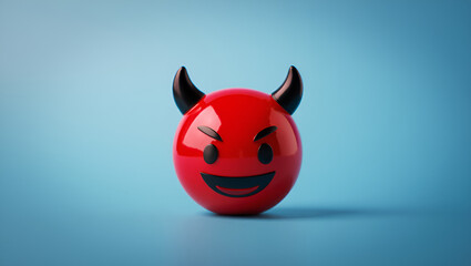 Red devil emoji with horns and a mischievous expression on a blue background, Generative AI