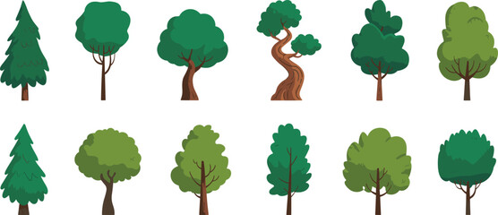 Set of cartoon green trees and bushes, flat nature forest collection, landscape element illustration, eco foliage and park vegetation vector