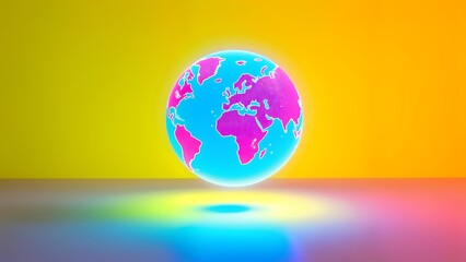 A blue and pink globe is in the middle of a bright yellow wall.