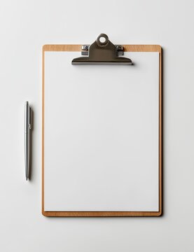 Wooden Clipboard with Blank Paper and Silver Pen on White Background