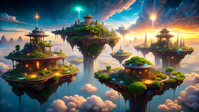 Enchanting fantasy floating islands with ancient architecture and lush greenery illuminated by a vibrant sunset sky