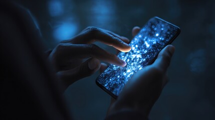 Hands Holding Smartphone with Glowing Screen in Dim Futuristic Setting