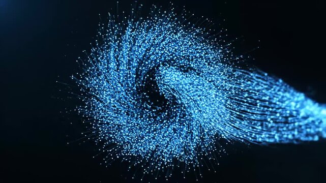 Abstract Blue Particle Swirl - A swirling vortex of interconnected blue particles is featured against a dark background.