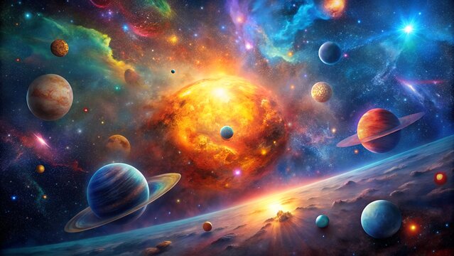 Vibrant cosmic nebula with glowing planets and a fiery sun in deep space