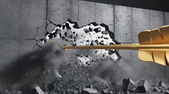 Arrow Breaking Through Concrete Wall - This video shows a golden arrow piercing a gray concrete wall, creating a gaping hole and debris.