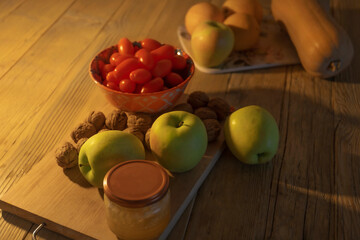 Close up of vegetables and fruits on wooden table
