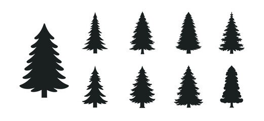Collection of silhouette pine trees in various sizes and shapes