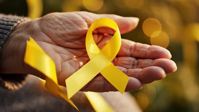 Yellow Ribbon Awareness - A close-up of an older person's hand holding a bright yellow ribbon in support of various causes. - Powered by Adobe