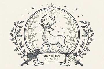 Majestic stag stands proudly within a circular emblem celebrating the winter solstice.