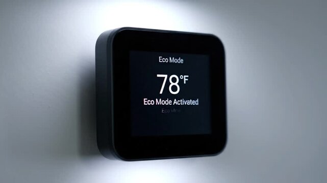 A modern smart thermostat displaying 78 degrees Fahrenheit and "Eco Mode Activated" on a wall.