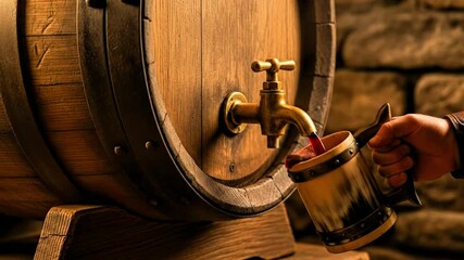Video, for alcohol beverage ads and cinema or movies, a hand holding a Viking mug with alcoholic drinks, wine,