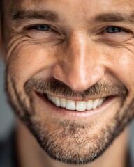 Fototapeta premium Close-up portrait of a smiling professional man against a neutral background, soft diffused lighting, high detail on facial features