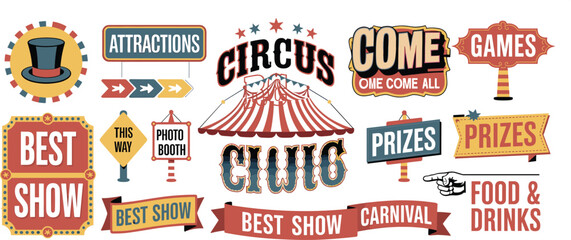 Vintage circus and carnival sign collection, retro amusement fair labels, colorful typography banners, entertainment poster design set with festive decorative elements © Gustave McClure