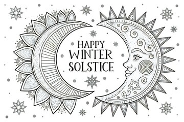 Whimsical sun and moon embrace, celebrating the winter solstice with festive snowflakes.