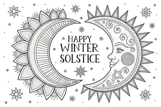Whimsical sun and moon embrace, celebrating the winter solstice with festive snowflakes.
