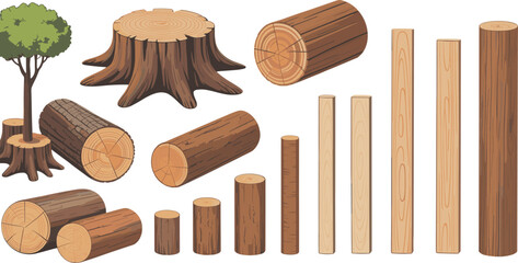 wood logs illustration, cut tree trunk, timber collection, forest tree stump, natural lumber, tree wood texture,