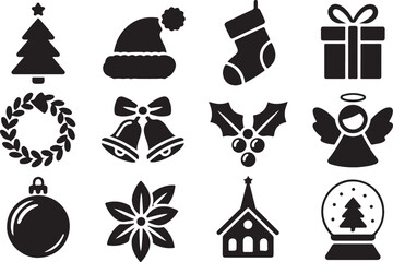 Big set of Christmas silhouette icons. Vector collection of various black holiday symbols and traditional decorative elements
