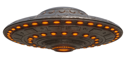 Rusty metallic flying saucer with orange lights isolated on a transparent background