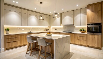 Soft Beige and Brass Kitchen With Limestone Countertop