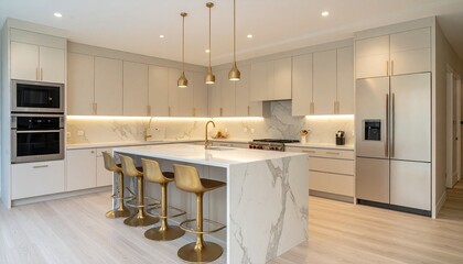 Cream and Gold Luxury Kitchen With Marble Island