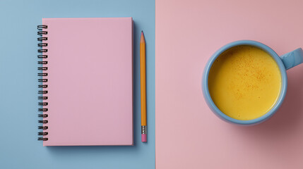 Notebook with pencil and cup of liquid on a split color background