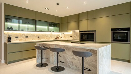 Olive and Travertine Modern Kitchen With Waterfall Island