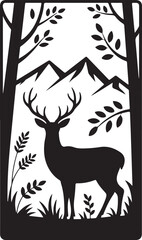 Black silhouette showcases a majestic deer standing gracefully among trees inside a cut border