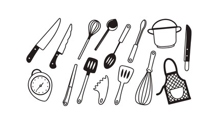 Collection of hand drawn kitchen utensils and cooking tools
