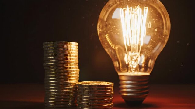 Energy Savings Concept - A vintage style lightbulb is lit up next to stacks of gold coins. The video symbolizes the cost of energy and the potential for savings through energy efficiency.