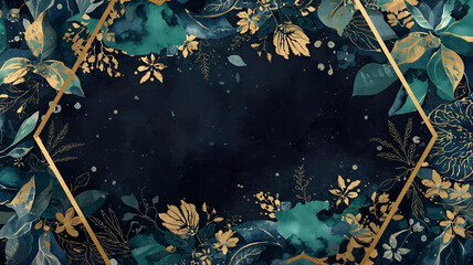 Hexagonal Dark Watercolor Frame with Indigo, Emerald & Gold Pigment, Metallic Veins, Floral Silhouettes, Silver Stains & Peel-Off Effects