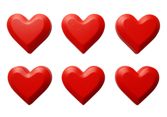 Six red heart shapes isolated on a transparent background