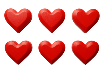 Six red heart shapes isolated on a transparent background