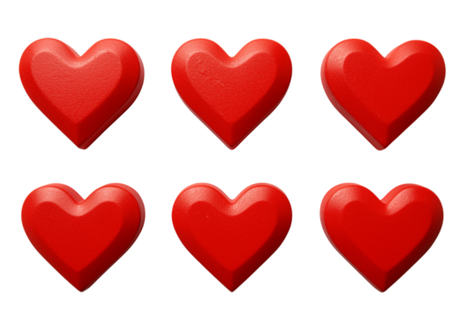 Six red heart shapes isolated on a transparent background