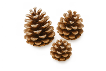 Three natural brown pinecones displaying rustic texture, showing autumn and winter seasonal concepts on a transparent background