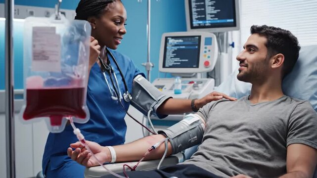 Patient Receiving Blood Transfusion - A male patient is receiving a blood transfusion at a medical facility.