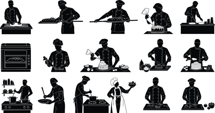 cooking, baking, chef, silhouette, kitchen, food, preparation, dough, oven, icing, chopping, culinary, activity, restaurant, tools