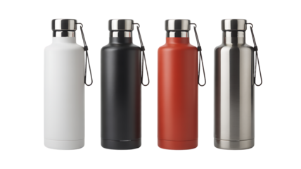 Set of Four Insulated Water Bottles in White Black Red and Silver Colors  metal isolated on a transparent background