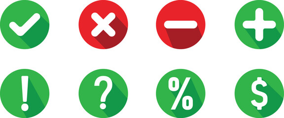 Collection of eight colorful circular icons representing common mathematical and symbolic operations including checkmark cross minus plus exclamation question percent and dollar signs