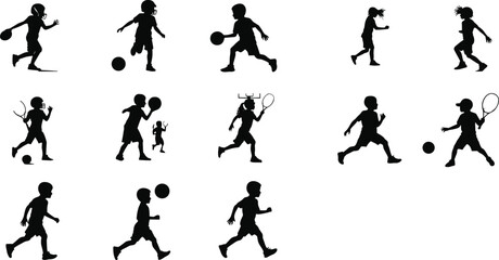 children, sports, silhouette, activity, play, movement, fitness, running, ball, tennis, football, energy, outdoor, exercise, dynamic