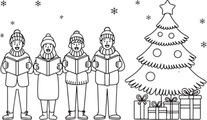 Christmas carolers singing in a winter town scene vector illustration. Group of people with songbooks next to a decorated tree
