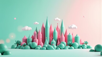 A group of pink and green pencils arranged in the shape of a castle.