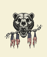 Fototapeta premium Distressed Bear Skull with American Flag Remnants in Chains Illustration