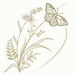 Elegant golden line art illustration of a delicate butterfly perched on a stem of wild grass and delicate seed heads against a soft cream background vector illustration of a flower