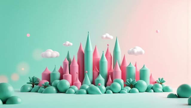 A group of pink and green pencils arranged in the shape of a castle.