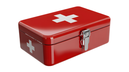 Red First Aid Kit Box with White Cross Symbols and Metal Latch portable isolated on a transparent background