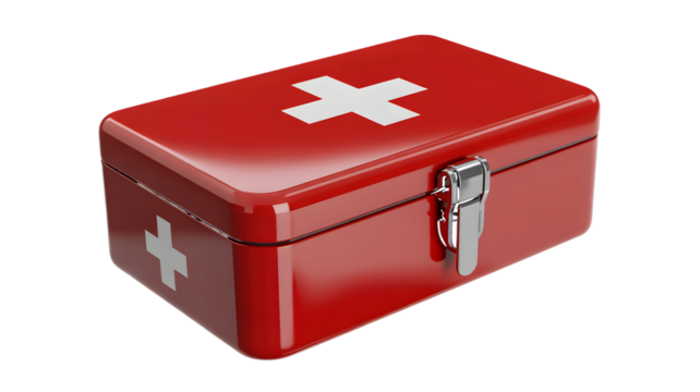 Red First Aid Kit Box with White Cross Symbols and Metal Latch portable isolated on a transparent background