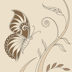Elegant brown butterfly with decorative patterns on its wings rests on a stylized plant stem with swirling vines and leaves against a soft beige vector illustration of an abstract floral background
