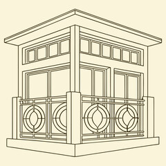 Architectural drawing of a modern two story building with a balcony featuring decorative circular railings and large windows on a plain background vector illustration of a house