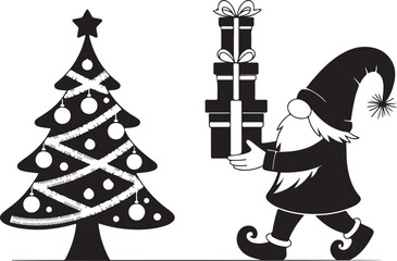 Obraz premium Christmas gnome with gifts and tree vector silhouette. Holiday elf character carrying a stack of presents illustration