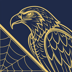 Stylized golden eagle head and wing profile on deep blue background vector illustration